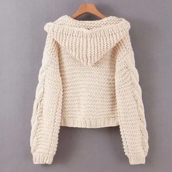 Chunky knit cardigan cream cable knit hoodie sweater womens long sleeve thick - Picture 3 of 15